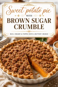 A slice of sweet potato pie topped with a golden brown sugar crumble, served on a white plate.