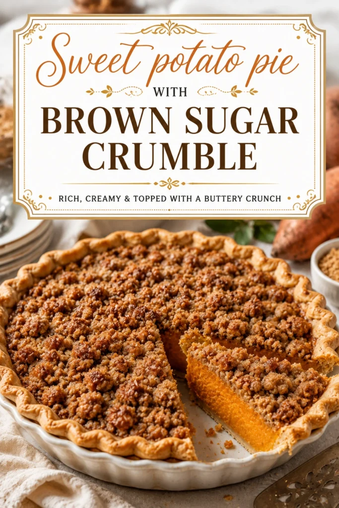 A slice of sweet potato pie topped with a golden brown sugar crumble, served on a white plate.