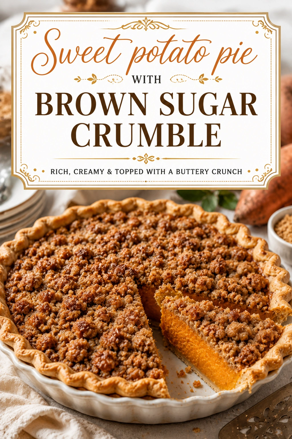 A slice of sweet potato pie topped with a golden brown sugar crumble, served on a white plate.