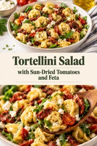 Cheese tortellini salad with sun-dried tomatoes, crumbled feta cheese, fresh spinach, and red onion in a white serving bowl.