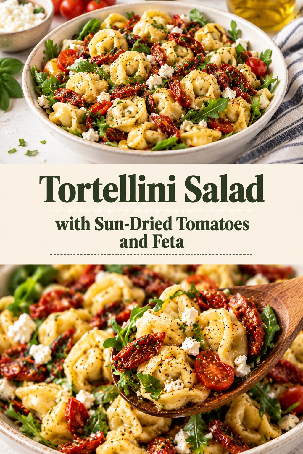 Cheese tortellini salad with sun-dried tomatoes, crumbled feta cheese, fresh spinach, and red onion in a white serving bowl.