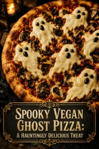 Vegan pizza with red tomato sauce and vegan mozzarella melted into a ghost shape with two olive eyes.
