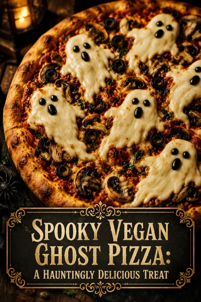 Vegan pizza with red tomato sauce and vegan mozzarella melted into a ghost shape with two olive eyes.