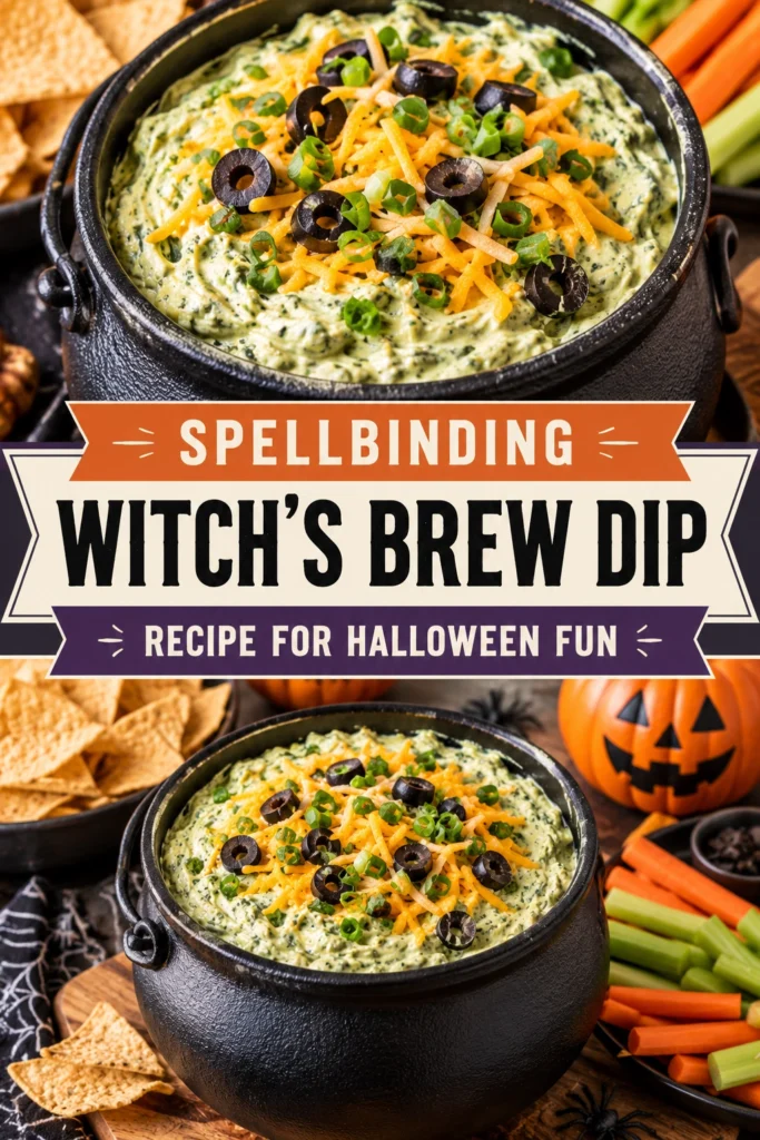 A vibrant green spinach dip in a black cauldron, topped with a plastic spider and served with tortilla chips.